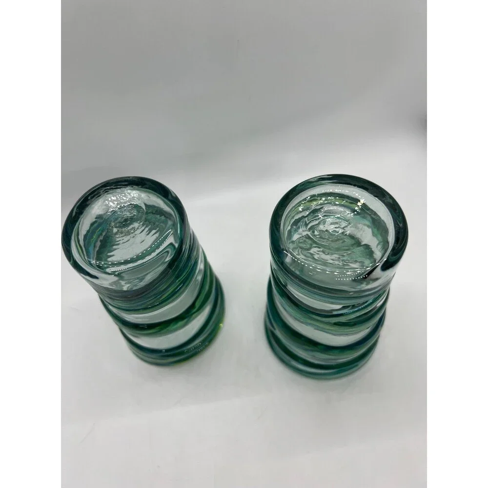 2 Hand mouth blown drinking glass blue green swirl stripes small vase art